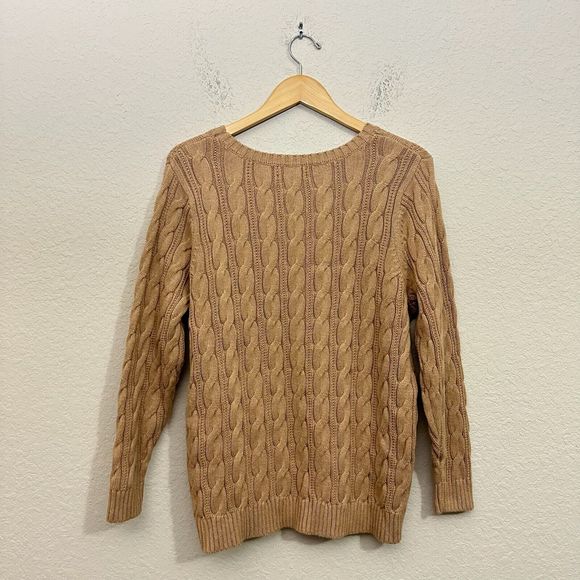 NWT LANDS' END Long Sleeve Cable Knit Crew Neck Pullover Sweater in Tan - Picture 4 of 8